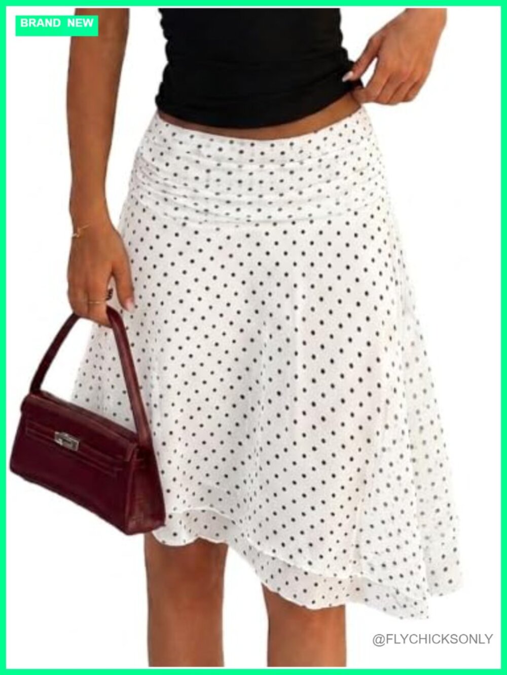 Asymmetrical Polka Dot Midi Skirt, A-Line, Stretch Mesh, Knee Length
